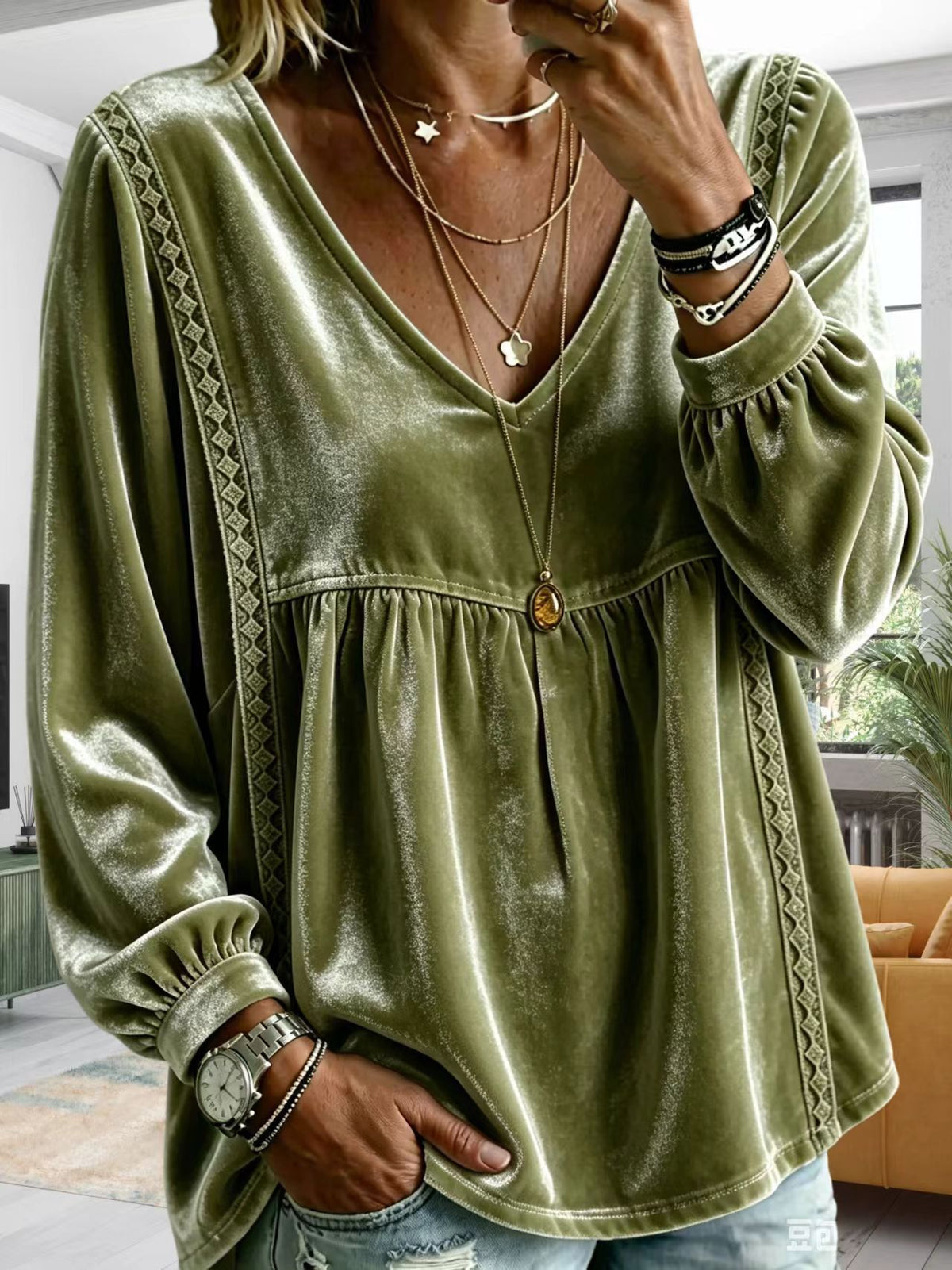 Cozy Velvet Top With Lace Paneling