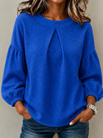 Waffle Textured Pleated Neck Bubble Sleeve Blouse