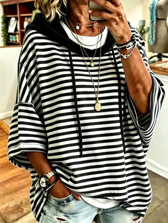 Relaxed-fit Casual Striped Cotton Hoodie