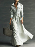 Women Stylish Art Stand Collar Washed Denim Midi Dress