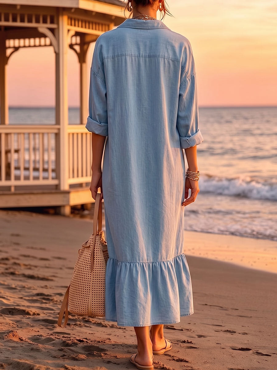 Women's Pullover Collar Long-sleeved Casual Loose A-line Denim Dress
