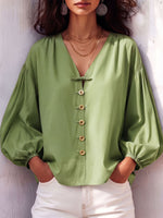 Retro V-neck Knot Button Lantern Sleeve Cotton Blouse