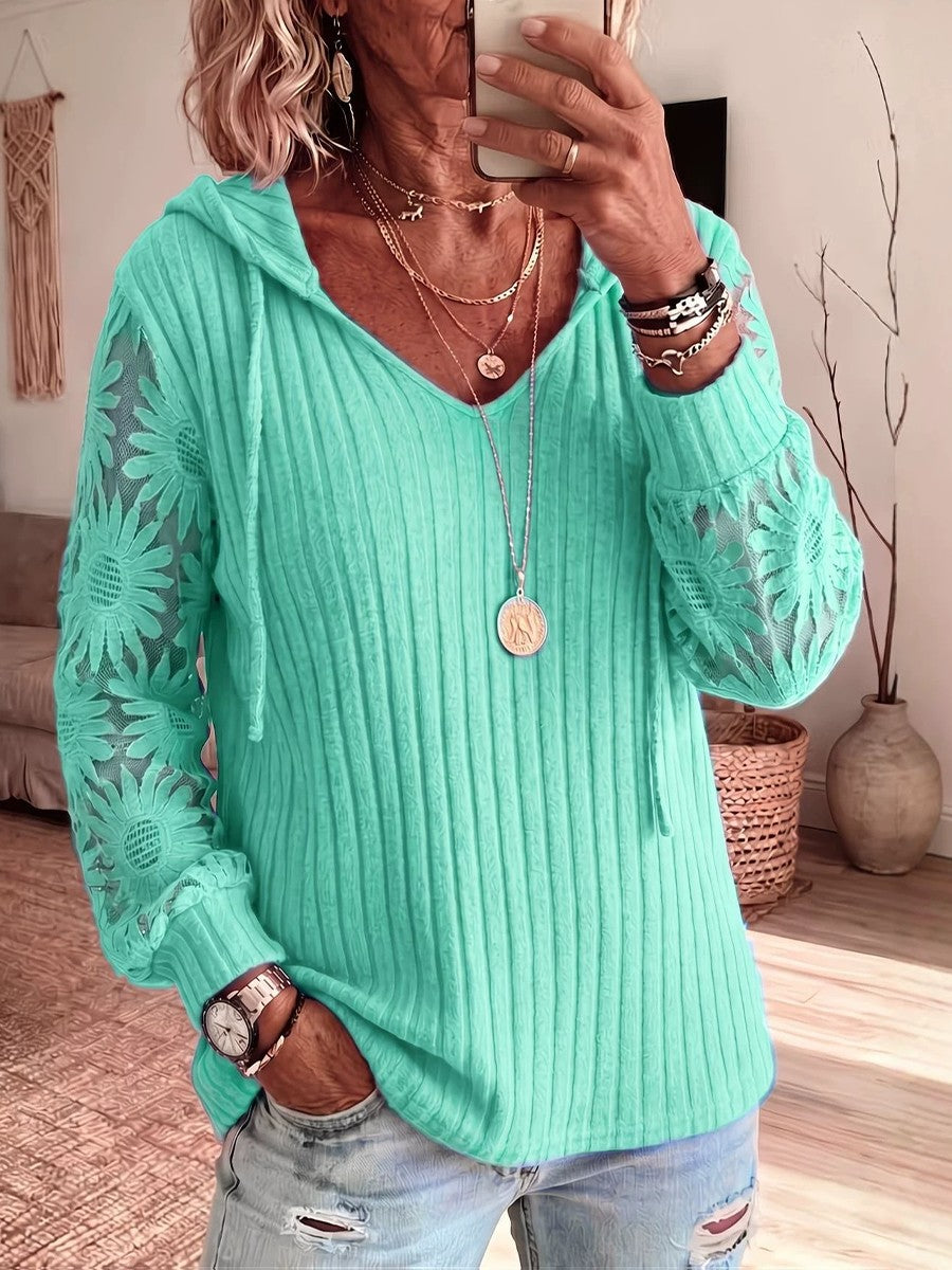 Solid-color Hooded Long-sleeve Lace-knit Top With Cut-out Details