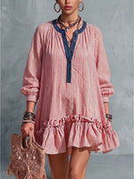 Loose Casual Henry Collar Striped Ruffle Linen-cotton Mini Dress