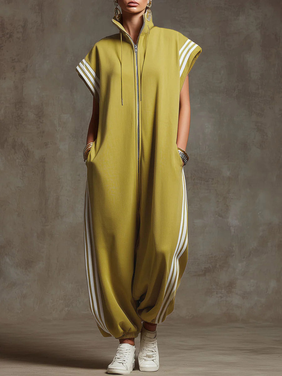 Women's Stand-collar Short-sleeved Casual Loose Cotton Wide-leg Jumpsuit