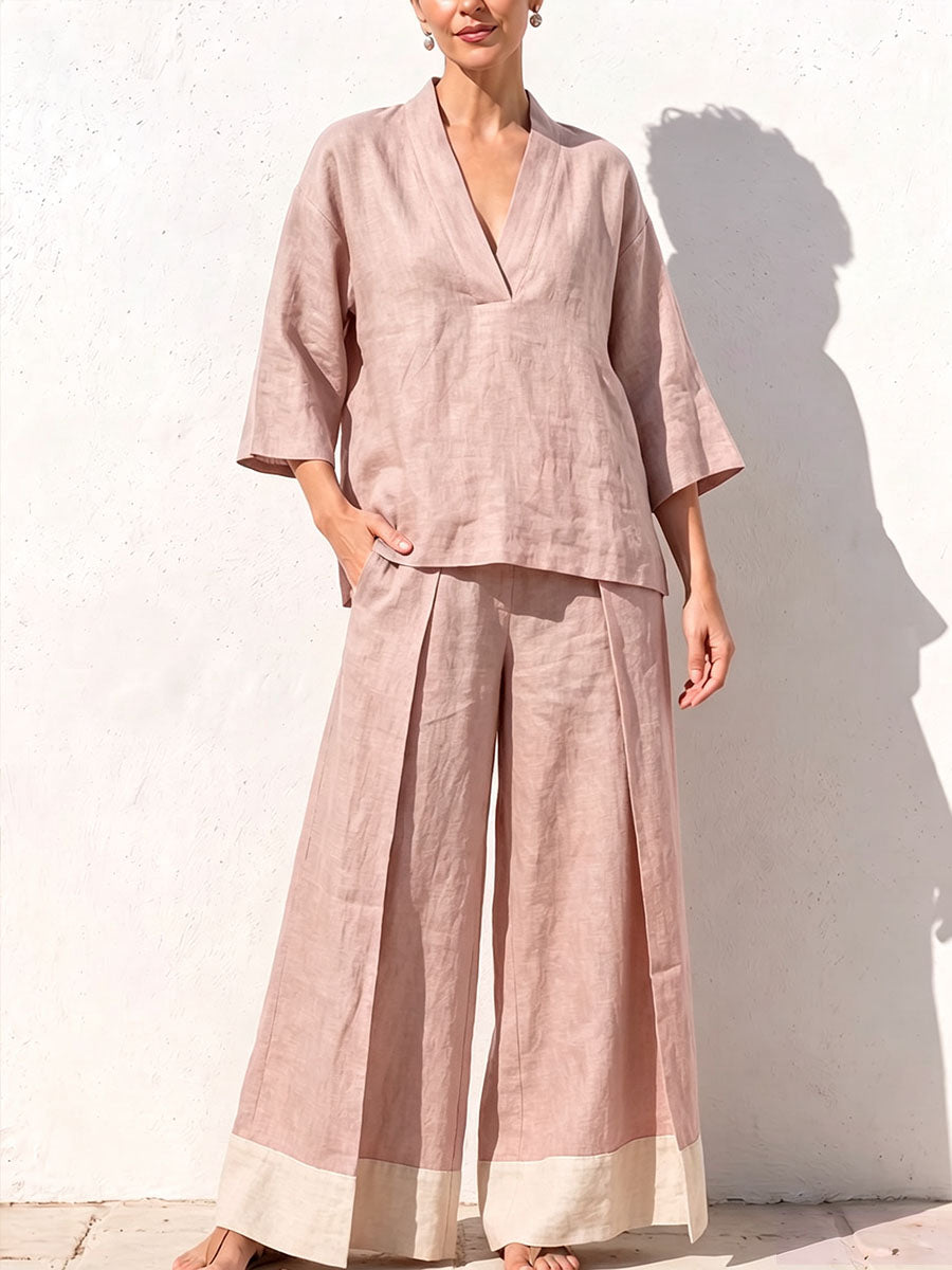 Women's V-neck 3/4 Sleeve Casual Loose Cotton Linen Top High-waisted Casual Loose Color-blocked Wide-leg Pants Cotton Linen Set