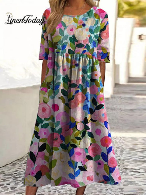 Colorful Spring Floral Garden Printed Women's Pocket Cotton Dress