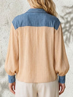 Stylish Casual Denim And Chiffon Half-zip Top