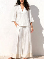 Women's V-neck 3/4 Sleeve Casual Loose Cotton Linen Top High-waisted Casual Loose Color-blocked Wide-leg Pants Cotton Linen Set
