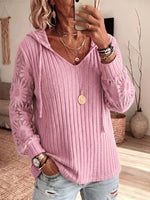 Solid-color Hooded Long-sleeve Lace-knit Top With Cut-out Details