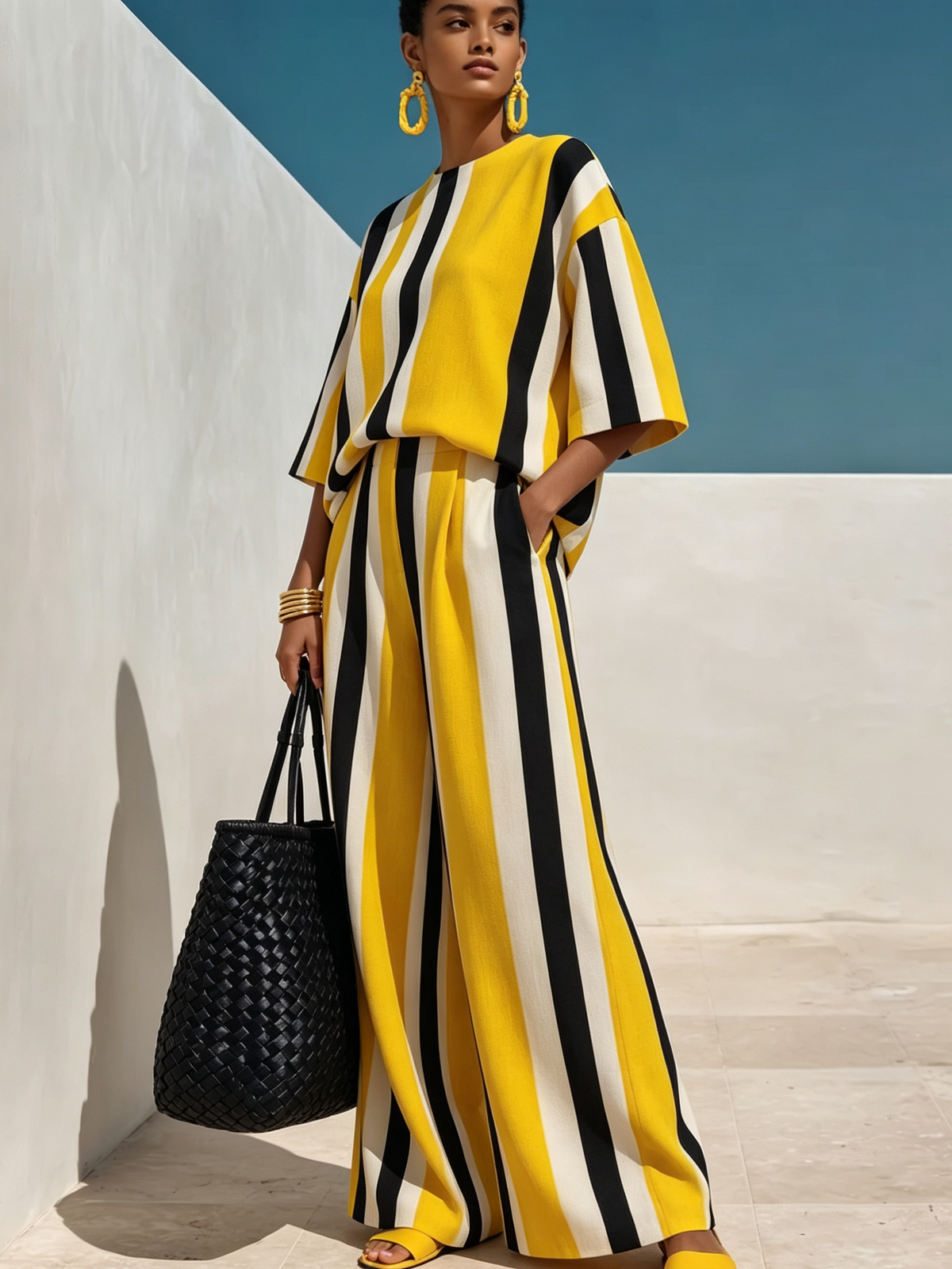 Vibrant Resort Striped Top And Wide-leg Pants Set