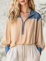 Stylish Casual Denim And Chiffon Half-zip Top