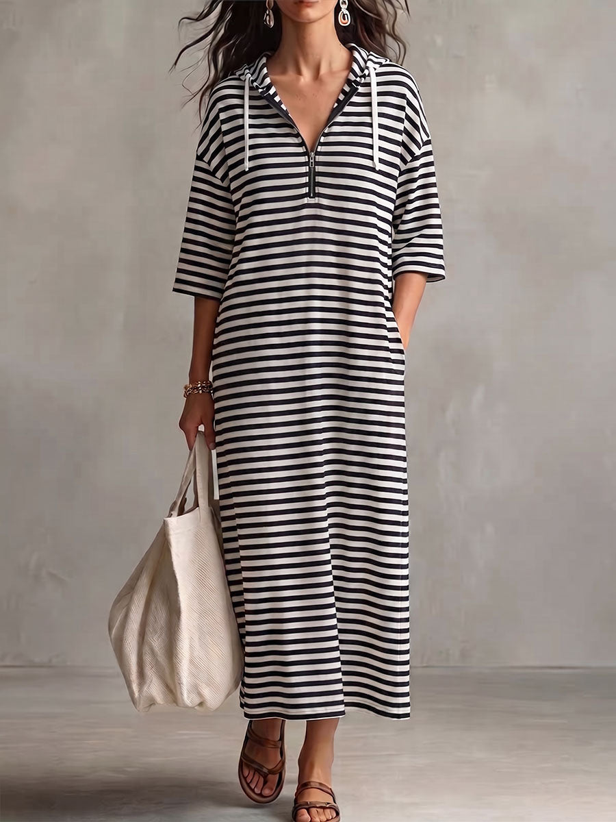 Women's Striped Print Collared Hooded 3/4 Sleeve Casual Loose Cotton Dress