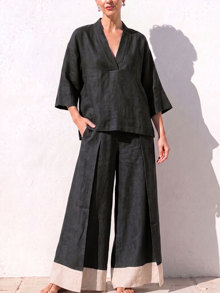 Women's V-neck 3/4 Sleeve Casual Loose Cotton Linen Top High-waisted Casual Loose Color-blocked Wide-leg Pants Cotton Linen Set