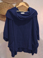 Women's Solid-color Cowl Neck 3/4 Sleeve Casual Loose Cotton-linen Top