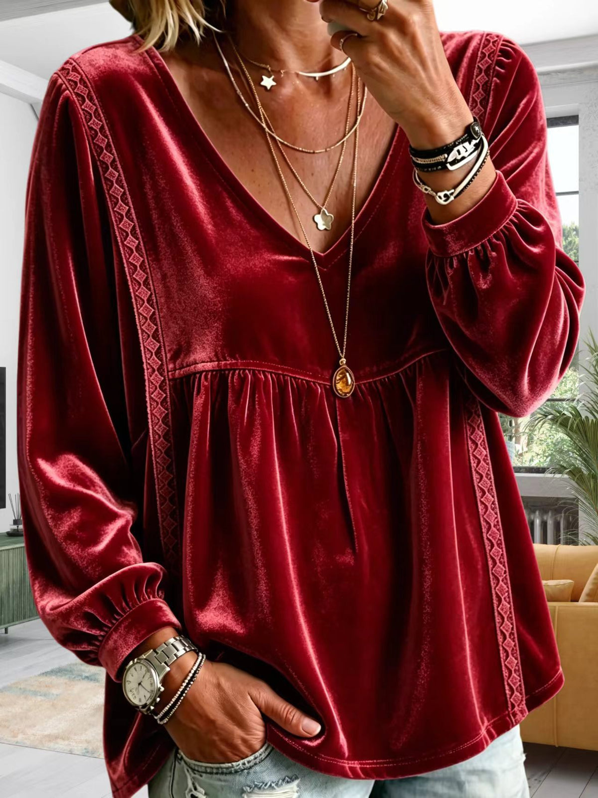 Cozy Velvet Top With Lace Paneling